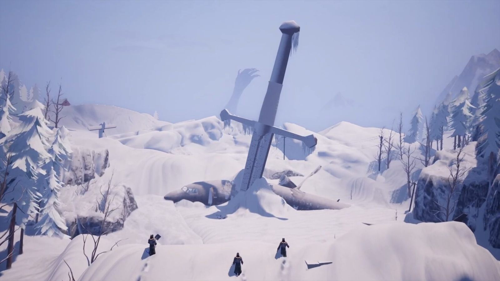 A frozen wasteland with a buried plane and three tiny figures crossing the snow