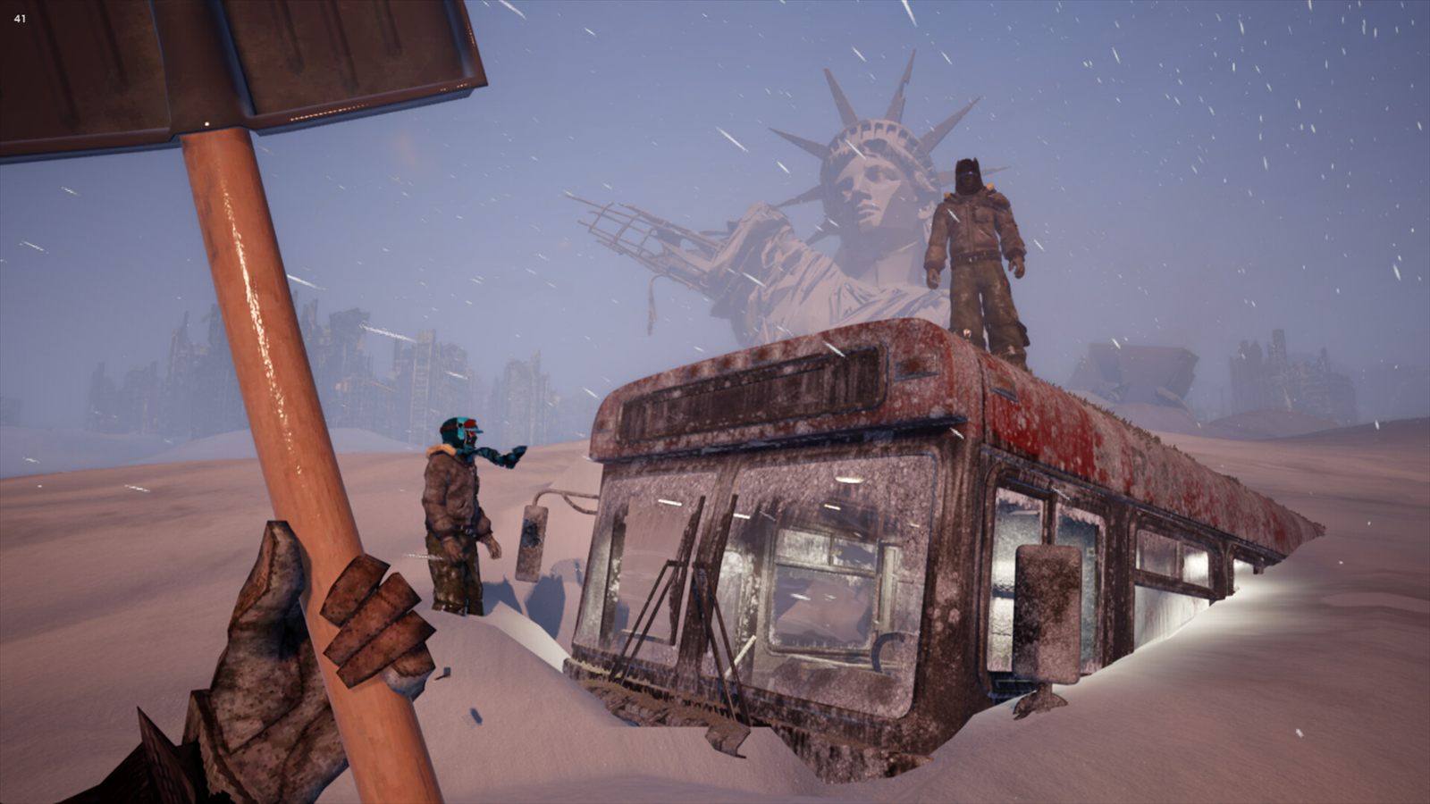 A ruined bus under a snowed-in Statue of Liberty